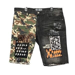 R3bel Mens Size 36 Split Camo Black Denim Shorts Patchwork‎ Distressed Raw Hem